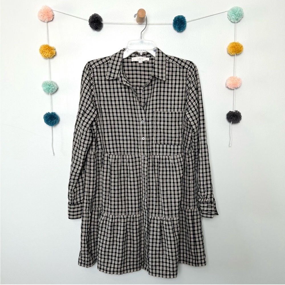 LOFT Plaid Black and Tan Long Sleeve Collared Dress